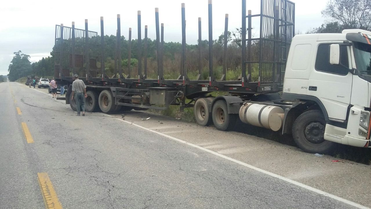 Caminhão para o transporte de madeira invadiu a pista contrária, segundo a PRF