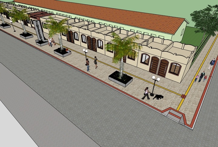 Projeto proposto apresenta lojas padronizadas e área de lazer na parte da frente